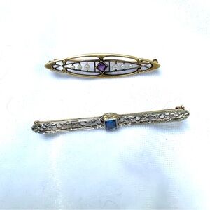 Two Modern Repro Victorian-style Bar Pins Gold/Purple/Pearl, Silver/Blue